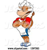 Vector of Cartoon Grinning Muscular Bbq Chef Cow with Folded Arms, Smoking a Cigar by LaffToon