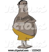 Vector of Cartoon Hairy Chubby Black Guy with Folded Arms, Standing in Swim Trunks by Djart