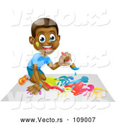 Vector of Cartoon Happy Black Boy Kneeling and Painting Artwork by AtStockIllustration