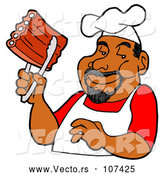 Vector of Cartoon Happy Black Male BBQ Chef Holding Ribs with Tongs by LaffToon
