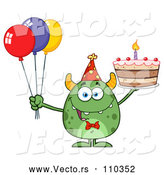 Vector of Cartoon Happy Green Horned Monster Holding a Birthday Cake and Party Balloons by Hit Toon