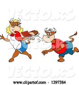 Vector of Cartoon Hungry Male Cow Kissing up to a Female Chef Cow Carrying Bbq Ribs and Brisket by LaffToon