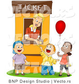 Vector of Cartoon Lady Working at Ticket Booth Assisting 3 Happy Children by BNP Design Studio