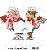 Vector of Cartoon Male Chef Pig Holding Ribs and Female Chef Cow Holding Brisket by LaffToon