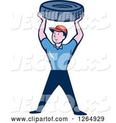Vector of Cartoon Male Mechanic Worker Holding up a Tire by Patrimonio