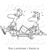 Vector of Cartoon Medics Carrying a Sick Computer on a Gurney - Line Drawing by Toonaday
