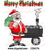 Vector of Cartoon Merry Christmas Greeting over Santa by a Bbq Smoker by LaffToon