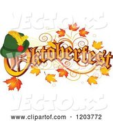 Vector of Cartoon Oktoberfest Text with a German Hat, over Autumn Leaves by Pushkin
