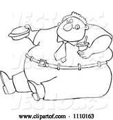 Vector of Cartoon Outlined Unhealthy Obese Guy Eating a Hamburger and Holding a Soda by Djart