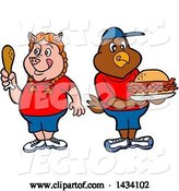 Vector of Cartoon Pig Girl Holding a Drumstick and Chicken Boy with a Pulled Pork Sandwich by LaffToon