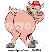 Vector of Cartoon Rear View of a Grinning Pig Looking Back, Smoking a Cigar, and Wearing a Bbq Hat by LaffToon