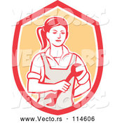 Vector of Cartoon Retro Female Mechanic Holding a Wrench in a Red White and Orange Shield by Patrimonio