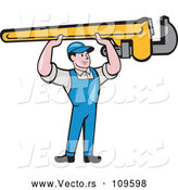 Vector of Cartoon Retro White Male Plumber Holding up a Giant Monkey Wrench by Patrimonio