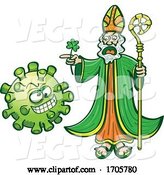 Vector of Cartoon Saint Patrick Chasing a Coronavirus by Zooco