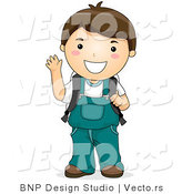 Vector of Cartoon School Boy Waving with Right Hand While Smiling by BNP Design Studio