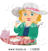 Vector of Cartoon Senior White Lady Smiling and Drinking Tea by BNP Design Studio