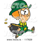 Vector of Cartoon St Patricks Day Leprechaun Boy Running with a Pot of Gold by Toonaday