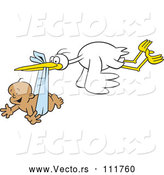 Vector of Cartoon Stork Bird Flying a Happy Black Baby Boy in a Blue Bundle by Johnny Sajem