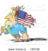 Vector of Cartoon Strong Guy Holding a Battered American Flag by Toonaday