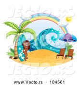 Vector of Cartoon Surfer Girl with a Board on a Beach Under a Rainbow by