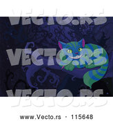 Vector of Cartoon the Cheshire Cat with Green and Blue Stripes on a Branch at Night by Pushkin