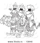 Vector of Cartoon Three Wise Dudes Wearing Shades and Riding Camels - Coloring Page Outline by Toonaday
