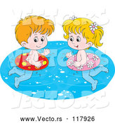 Vector of Cartoon White Boy and Girl Swimming with Inner Tubes by Alex Bannykh