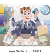 Vector of Cartoon White Businessman Multi Tasking with Many Arms at His Office Desk by AtStockIllustration