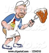 Vector of Cartoon White Guy Holding a Bottle of Bbq Sauce and a Steak by LaffToon