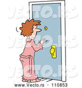 Vector of Cartoon White Lady in a Robe, Looking Through a Peep Hole in a Door by Johnny Sajem