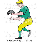 Vector of Cartoon White Male Baseball Player Pitching in a Green and Yellow Uniform by Patrimonio