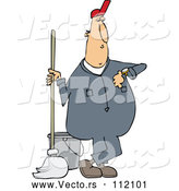 Vector of Cartoon White Male Custodian Janitor Checking His Watch and Standing with a Mop and Bucket by Djart