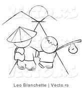 Vector of Chinese Father and Son Walking Towards the Sunset - Coloring Page Outlined Art by Leo Blanchette