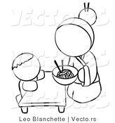 Vector of Chinese Woman Feeding Her Baby Noodles - Coloring Page Outlined Art by Leo Blanchette
