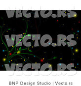 Vector of Christmas Background with Green Vines and Colorful Glowing Orbs - Digital Black Background by BNP Design Studio
