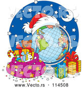 Vector of Christmas Desk Globe with Santa Hat, Bag and Gifts by Alex Bannykh