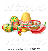 Vector of Cinco De Mayo Theme with a Chili Pepper, Maracas and Mexican Sombrero by AtStockIllustration