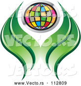Vector of Colorful Grid Globe and Green Abstract Leaves or Hands by Lal Perera