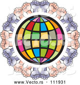 Vector of Colorful Grid Globe Encircled with White and Black Hands by Lal Perera