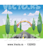 Vector of Colorful Rainbow Spanning over a Strait Tree Lined Road by Rasmussen Images