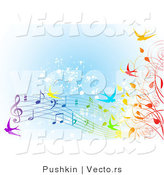 Vector of Colorfule Spring Time Swallows, Vines and Music Notes over Blue Grunge Background by Pushkin