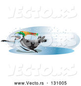 Vector of Cool and Energetic Black and White Penguin Wearing Shades and a Hat, Sliding Across an Iced over Body of Water with Speed on a Snowy Winter Day by Tonis Pan