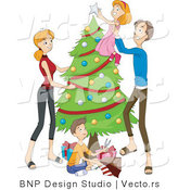 Vector of Dad Lifting Daughter to Put Topper on Christmas Tree While Mother Watches and Son Wraps Presents by BNP Design Studio