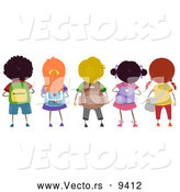 Vector of Diverse Cartoon School Children with Backpacks Standing in a Row by BNP Design Studio