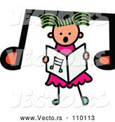 Vector of Doodled Toddler Art Sketched Greeb Haired White Girl Singing over a Big Music Note by Prawny