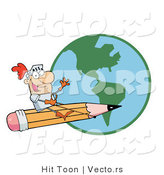Vector of Earth Behind Freelance Knight Flying on a Giant Pencil in the Sky by Hit Toon