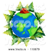 Vector of Earth Globe with a Tent and Evergreen Trees by