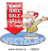 Vector of Energetic Cartoon Salesman Pointing to a Red 'SALE' Arrow by Jtoons