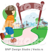 Vector of Excited Young Boy Running Towards Animals at a Zoo Entrance by BNP Design Studio