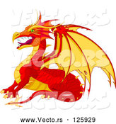 Vector of Fierce Cartoon Red and Yellow Dragon in Profile by Pushkin